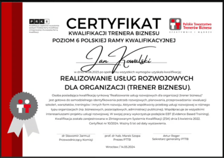 Przykładowy certyfikat kwalifikacji Realizowanie projektów rozwojowych dla organizacji (trener biznesu)